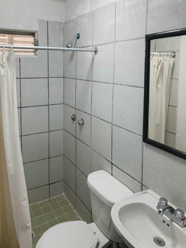 巴亚尔塔港Departamentos 1E的浴室配有卫生间、盥洗盆和淋浴。