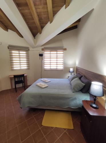 巴尼奥斯Casa Colonial "Dulce Hogar"的一间卧室设有一张大床和两个窗户。