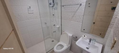 波尔多·格尼拉Bayside Exceel Hotel的带淋浴、卫生间和盥洗盆的浴室