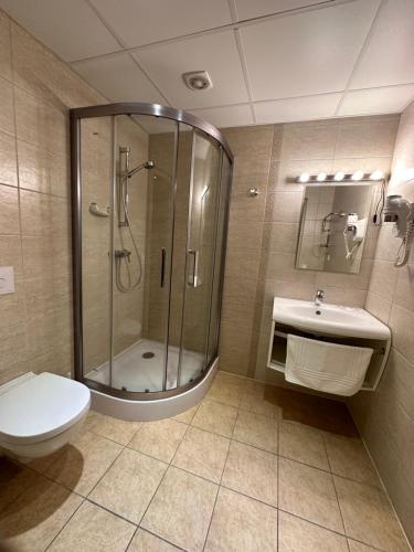 维尔纽斯城门酒店的带淋浴、卫生间和盥洗盆的浴室