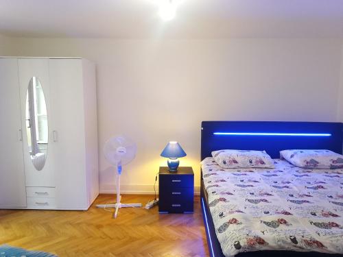 日内瓦Charming flat center and near the lake的一间卧室配有一张床、一盏灯和风扇