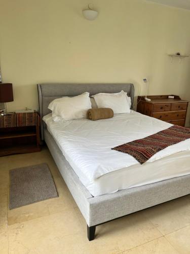 萨法德Artists Colony Inn Zefat的卧室配有一张带白色床单和枕头的大床。
