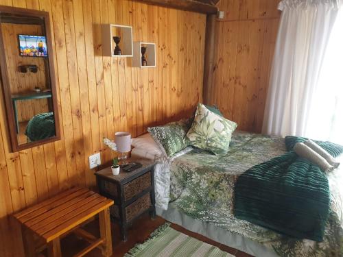 HondeklipbaaiHonne-Pondokkies的一间卧室设有一张床和木墙