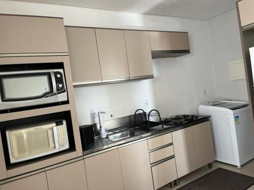 伊塔佩马Apartamento à 400m do mar的带微波炉和水槽的小厨房