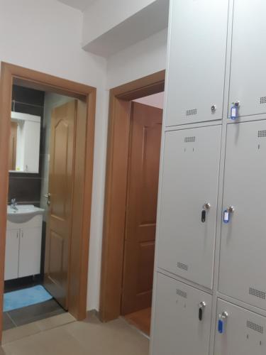 斯科普里Railway Hostel的浴室配有衣柜和盥洗盆