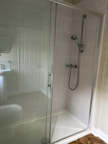 诺里奇The Lodge at Salhouse的带淋浴的浴室和玻璃门