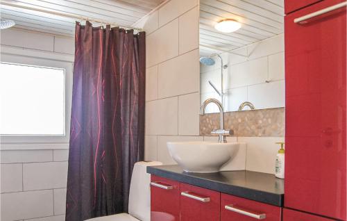 哈夫維格4 Bedroom Gorgeous Home In Hvide Sande的浴室设有水槽和红色的淋浴帘