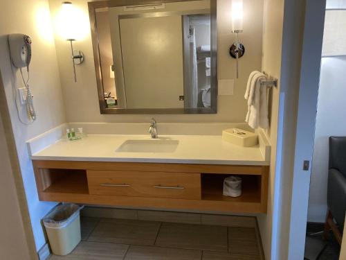 坦帕Red Roof Inn PLUS & Suites Tampa的一间带水槽和镜子的浴室