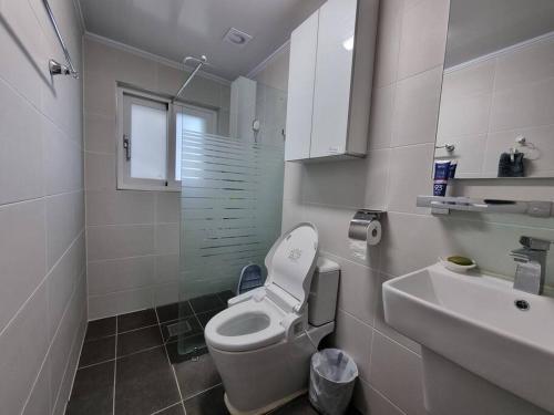 东海市Donghae Hanok Stay的白色的浴室设有卫生间和水槽。