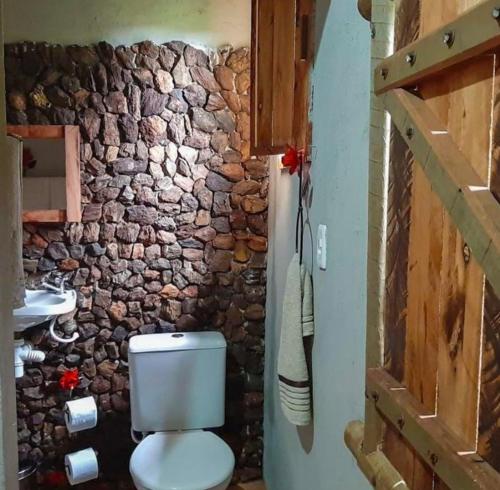 伊塔比里图Pousada Suçuarana的一间带卫生间和石墙的浴室