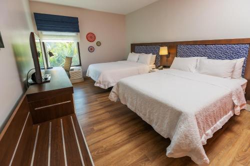阿拉胡埃拉Hampton By Hilton San Jose Airport Costa Rica的一间卧室配有两张床和电视。
