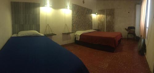 圣米格尔-德阿连德PATIO Alojamiento的一间设有两张床和镜子的房间