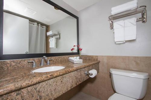 檀香山Modern studio Across From Hilton lagoon beach PW920的一间带水槽、卫生间和镜子的浴室