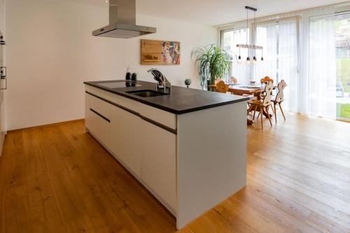 阿彭策尔Wohnung Pulverturm的白色的厨房配有水槽和桌子