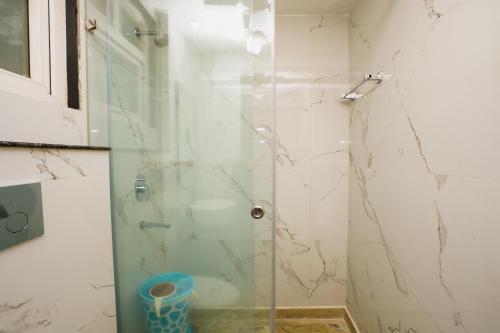 新德里Hotel Kabir Palace Karol Bagh的浴室里设有玻璃门淋浴