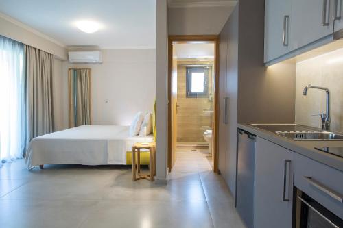 奈德里Zisis Suites的一间酒店客房 - 带一张床和一间浴室