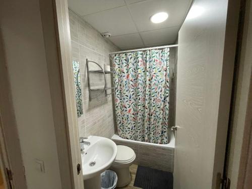 萨拉戈萨Pensión La Estrella的浴室配有水槽、卫生间和浴帘