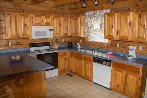 加特林堡23 The Cub House Cabin的厨房配有木制橱柜和炉灶烤箱。