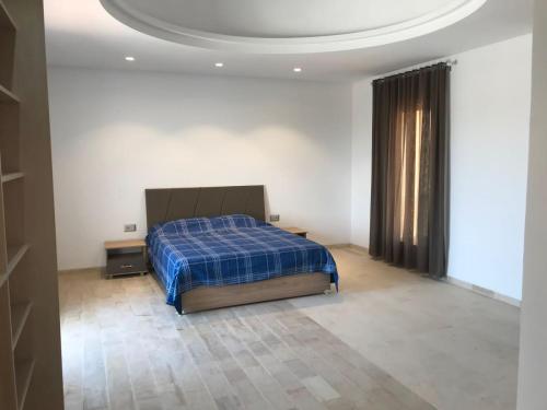 乌姆苏克Villa Houmet Souk的一间卧室配有一张带蓝色棉被的床