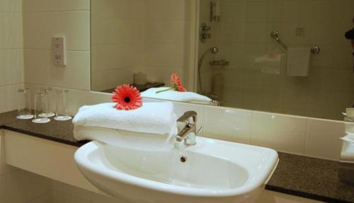 都柏林Maldron Hotel Merrion Road的浴室水槽上方有红花