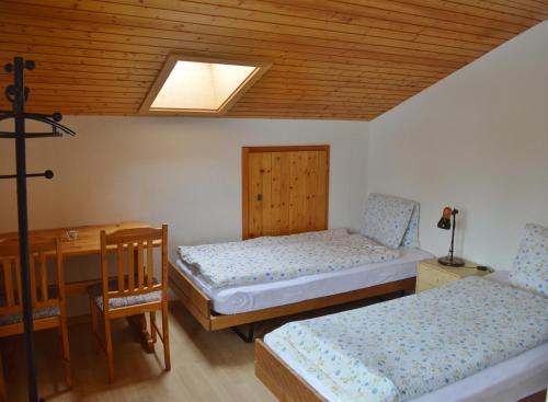 上盖斯特尔恩格里姆瑟尔酒店的客房设有两张床、一张桌子和天窗。