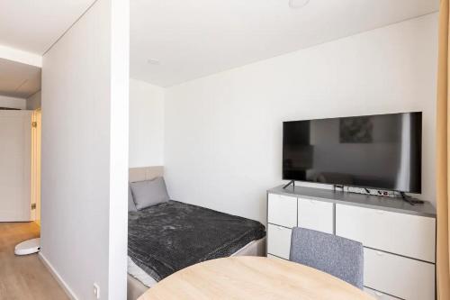 维尔纽斯Ozo eco apartments的小房间设有一张床和一台平面电视