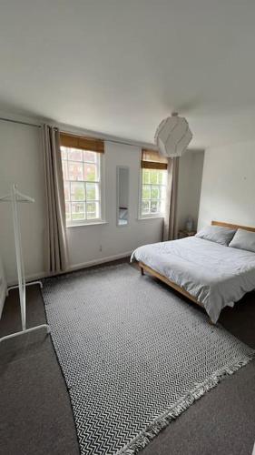 伦敦1 bed flat in the heart of London的一间卧室设有一张床和两个窗户。