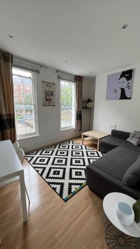 伦敦1 bed flat in the heart of London的带沙发和地毯的客厅