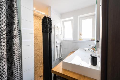 塞莱斯塔Appartement des Sorcieres - Witches Apartment的浴室配有白色水槽和淋浴。