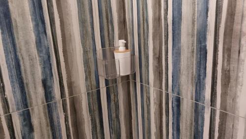 泰尔莫利Victoria Royal Apartments的窗帘上带卷卫生纸的淋浴