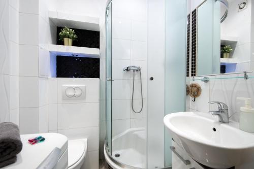 华沙Labo Apartment Ogrodowa的带淋浴、卫生间和盥洗盆的浴室