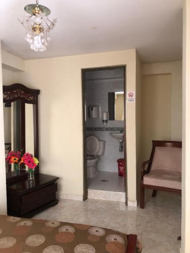 波帕扬HOTEL TORRELUZ PLAZA的客房设有带卫生间和镜子的浴室