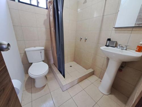 昆卡Casa en Cuenca的浴室配有卫生间、淋浴和盥洗盆。