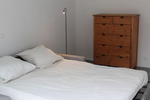 东代恩凯尔克Ruim nieuwbouwappartement oostduinkerke的卧室内的一张带两个枕头的床和梳妆台