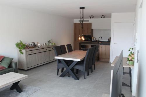 东代恩凯尔克Ruim nieuwbouwappartement oostduinkerke的厨房以及带桌椅的用餐室。
