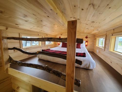 马斯基根Tiny Digs Lakeshore - Tiny House Lodging的小木屋内的卧室,配有两张床
