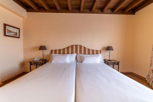 托莱多奇加拉尔卡拉瓦特斯酒店的一间卧室配有一张大床和两张桌子