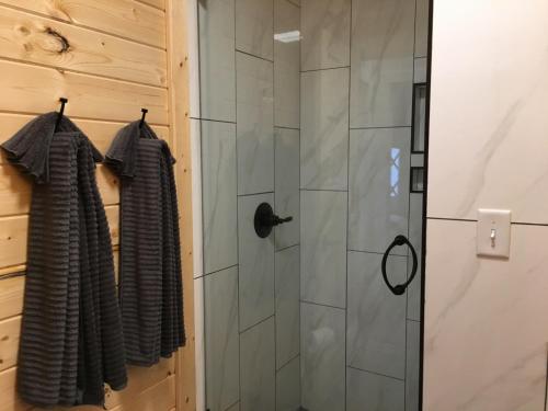 布赖森城Junaluska @ Sky Ridge Yurts的带淋浴的浴室,带玻璃门