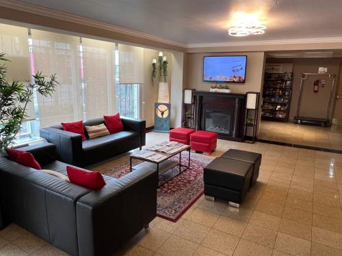 尼亚加拉瀑布格兰盖特套房酒店的带沙发和平面电视的客厅