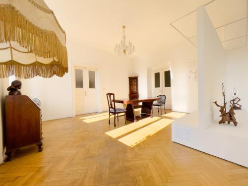 布拉格Center of Prague Apartment 369的配有桌椅和吊灯的客房