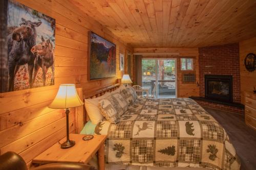 埃斯蒂斯帕克Nicky's Resort的小屋内设有一间带床铺和壁炉的卧室