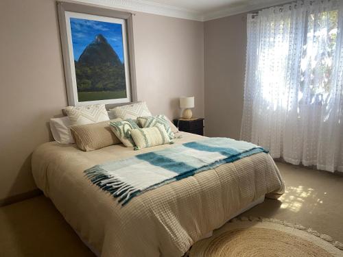 PomonaPomona Noosa Hinterland Homestay的一间卧室配有一张带毯子的床和窗户