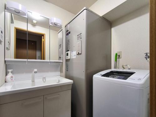 大阪Ostay Kitahama Hotel Apartment的一间带水槽和洗衣机的浴室