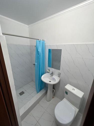 巴尔喀什Гостиница Набережная的白色的浴室设有卫生间和水槽。