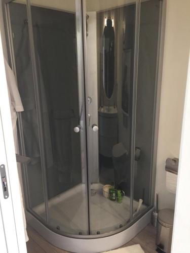 凯特明讷Jytte`s Annex的浴室里设有玻璃门淋浴
