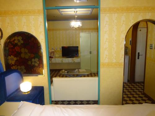 津市HOTEL Z23的一间镜子位于酒店客房,设有一间卧室