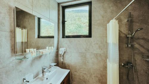 加格拉Парк СПА Отель Нарт的一间带水槽、淋浴和镜子的浴室
