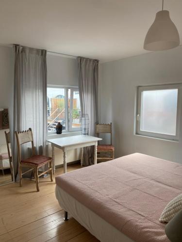 圣马尔滕斯·拉特姆Big apartments with mini-kitchen的卧室配有一张床和一张桌子及椅子