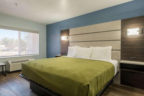 马尼温泉Quality Inn & Suites Manitou Springs at Pikes Peak的一间卧室设有一张大床和一个大窗户