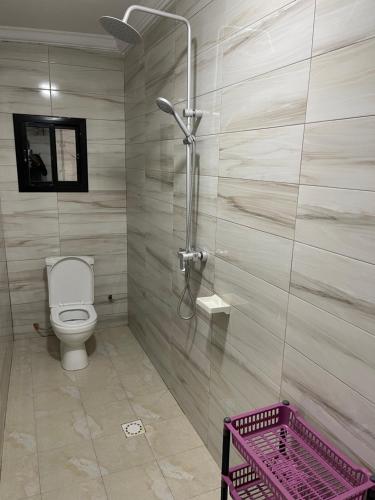LaminHoliday home的一间带卫生间和玻璃淋浴间的浴室